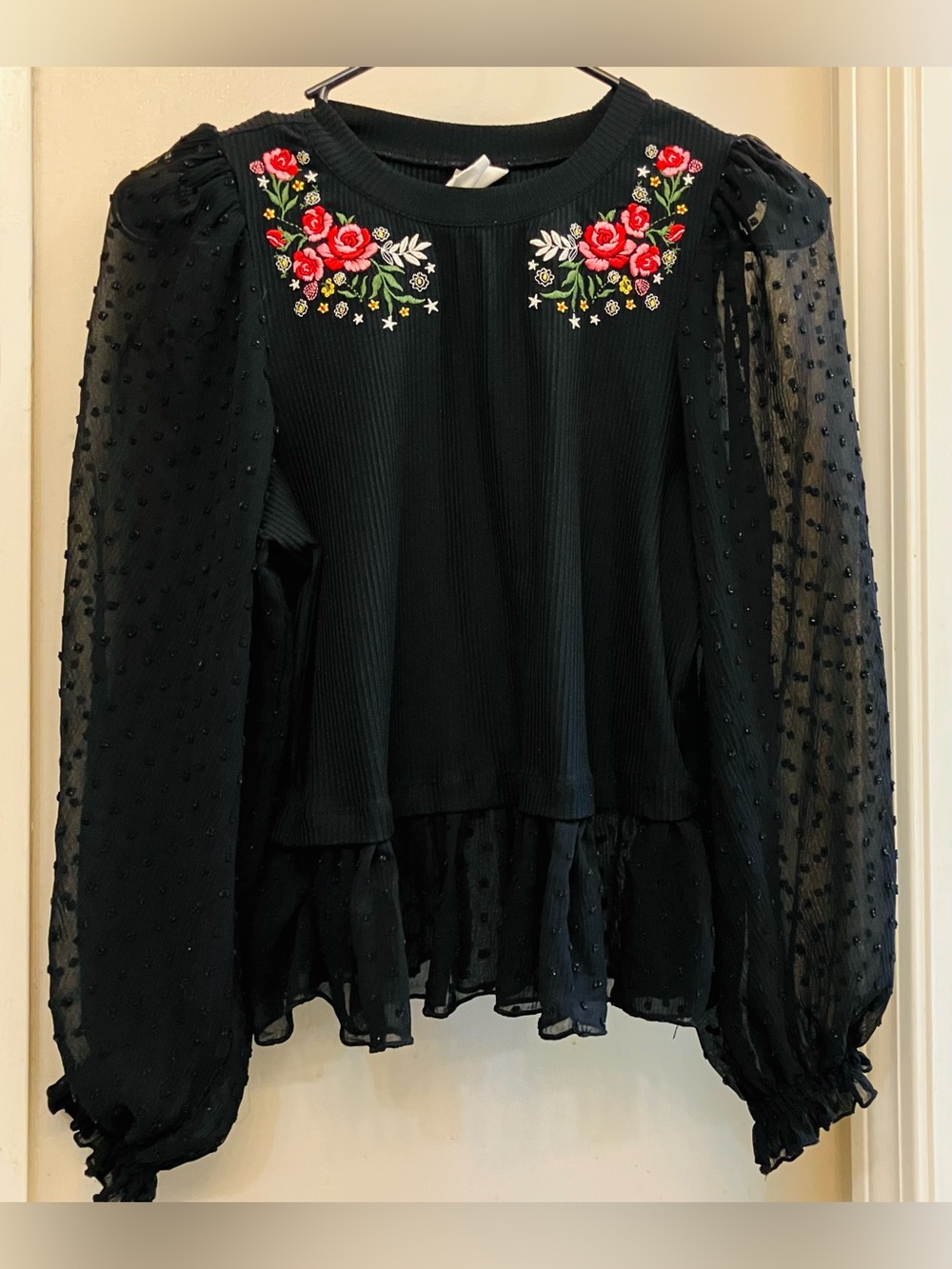 Self Esteem Top, Floral Embroidery, Ribbed Torso, Dotted Puffed Lace Sleeves